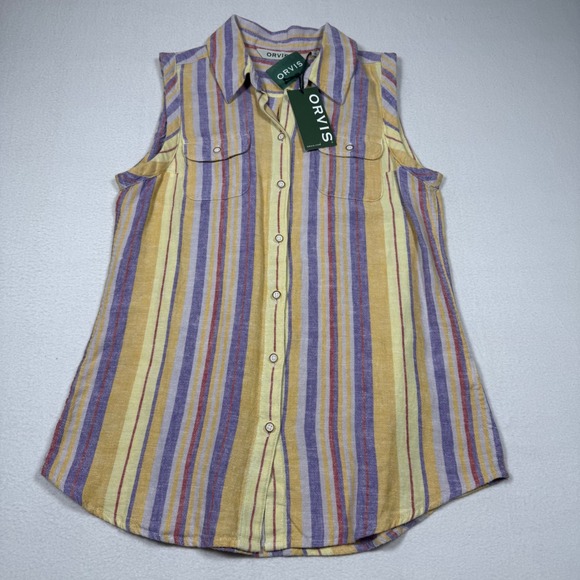 Orvis Tops - Orvis Womens Linen Blend Sleeveless Striped Shirt Yellow Purple OutSmart Fresh S